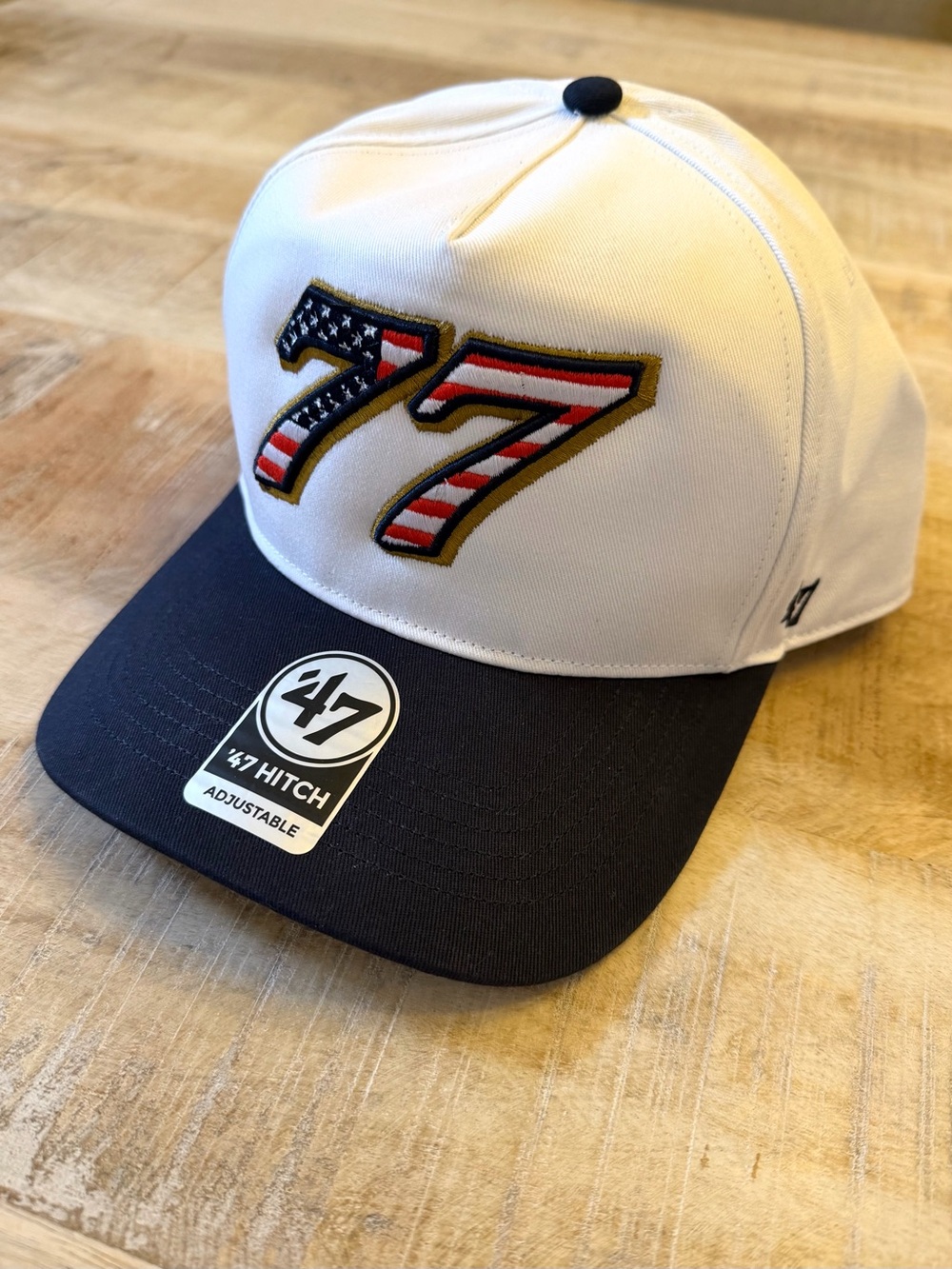 New Carson Hocevar #77 ‘American Flag ‘47 Hitch White W Blue Visor Trucker Hat